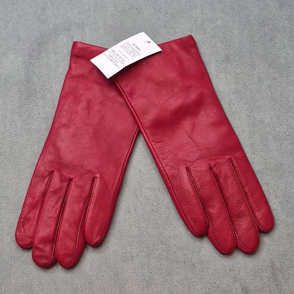 Lands End Women's EZ Touch Screen Cashmere Lined Leather Gloves Red Size M